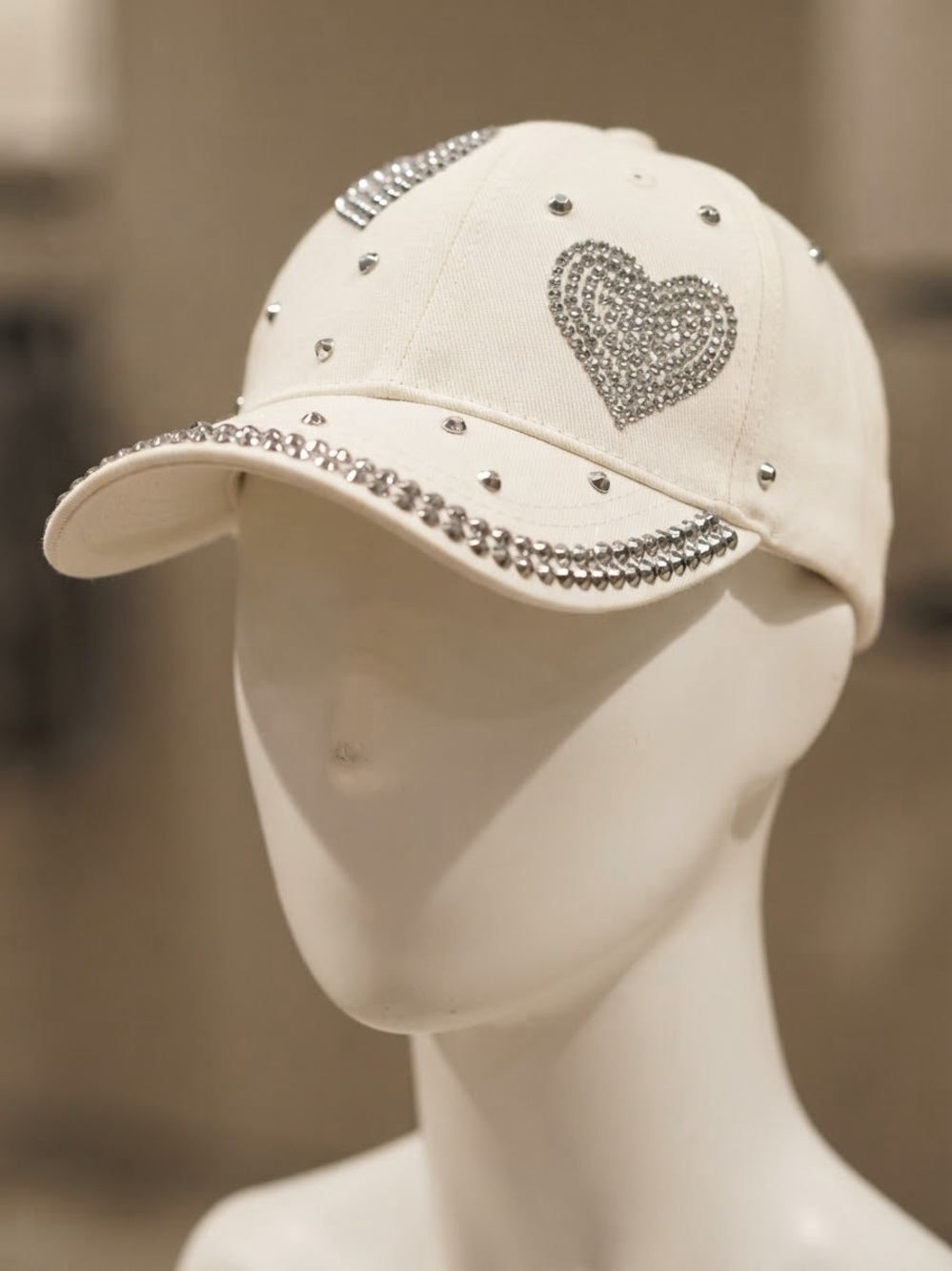 Embellished Heart Baseball Cap - white with Silver Rhinestones